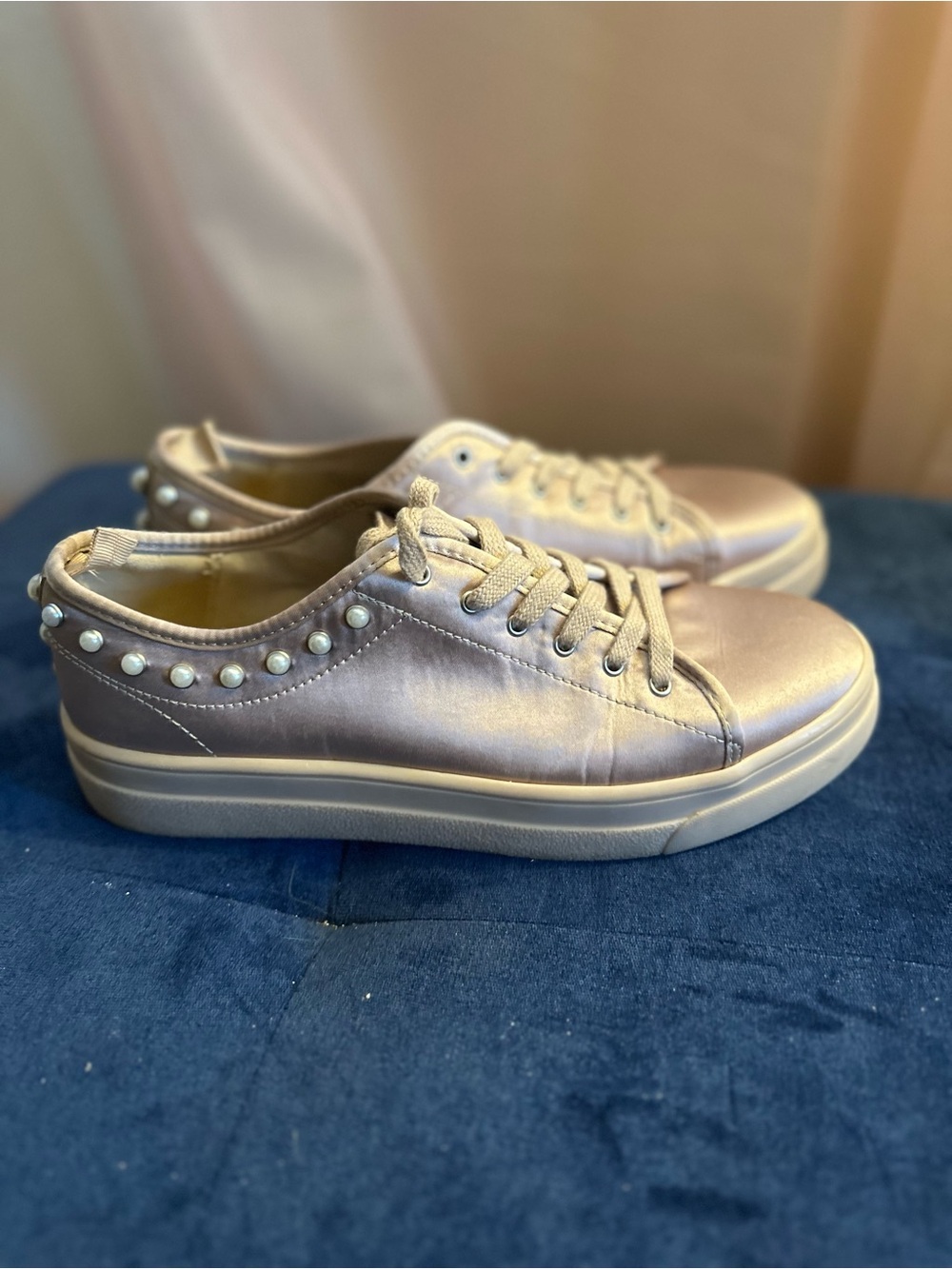 Zara Satin Pearl-Trim Sneakers - Light Pink